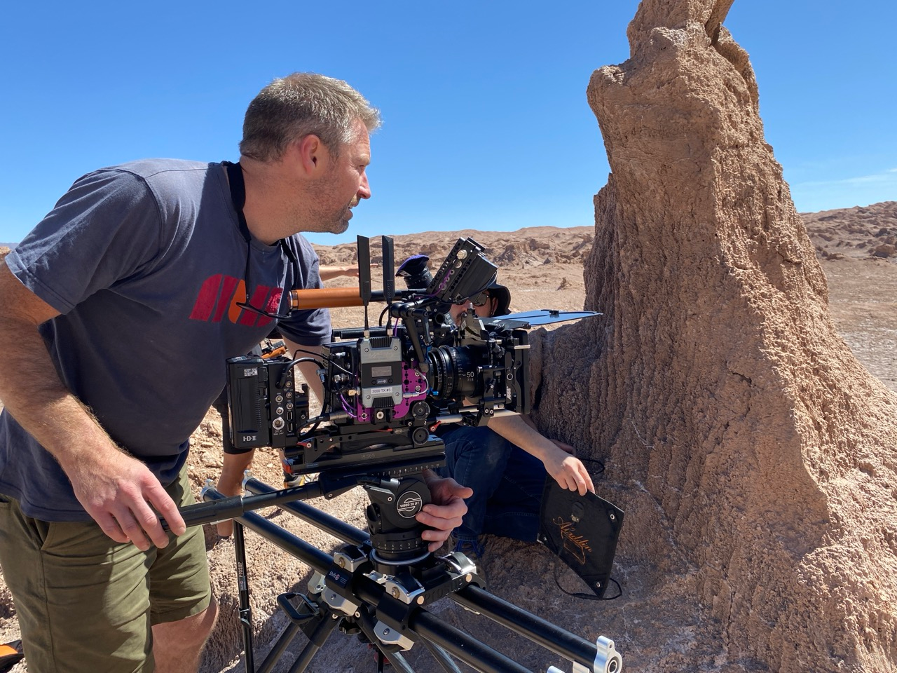Camera crew configuring an ARRI Alexa LF cinema camera package on location in the Atacama Desert, Chile, for the Nissan Pole to Pole production.