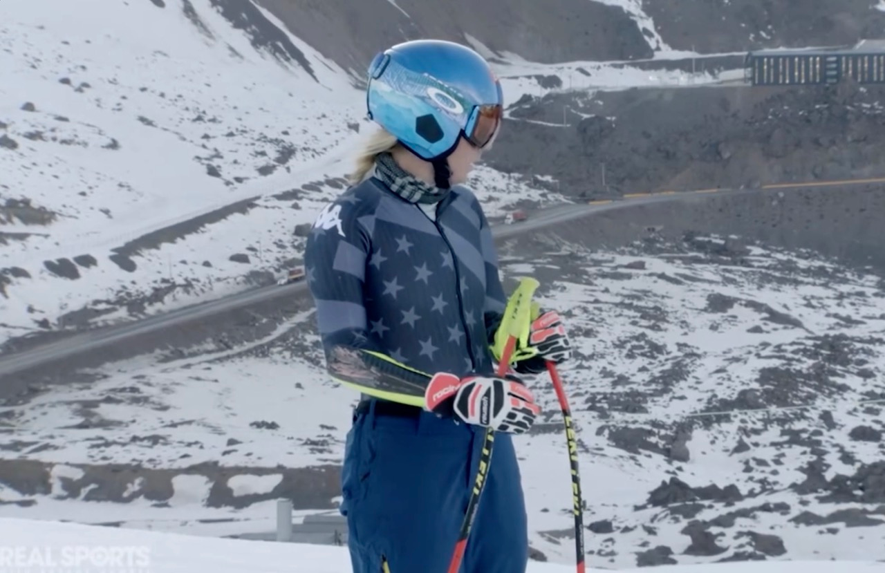 Olympic skier Mikaela Shiffrin on the slopes of Portillo Ski Resort in Chile during production for an HBO Sports Real Sports feature segment.